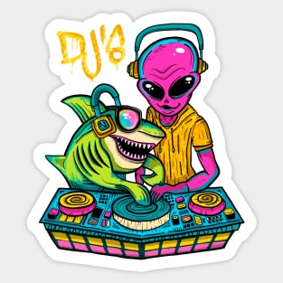 ALIEN AND SHARK DJ'S Sticker